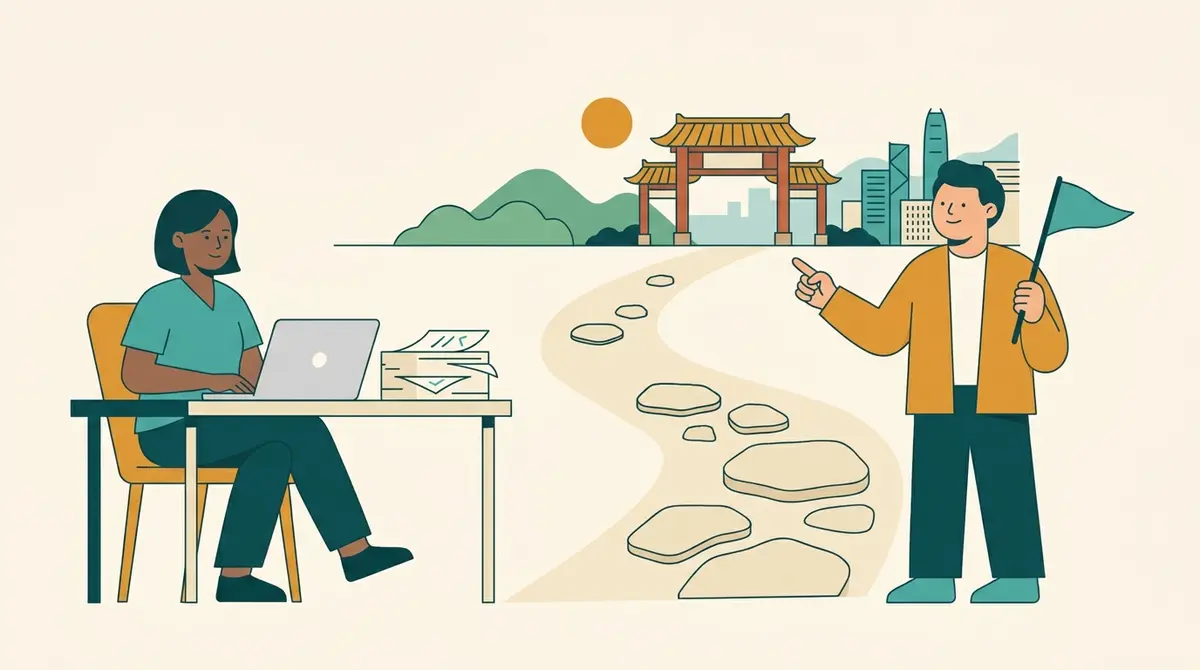 Illustration: a student at a tidy desk with a laptop and a neat stack of documents while a friendly guide holding a plain flag points along a winding path of stepping stones toward a campus gate.