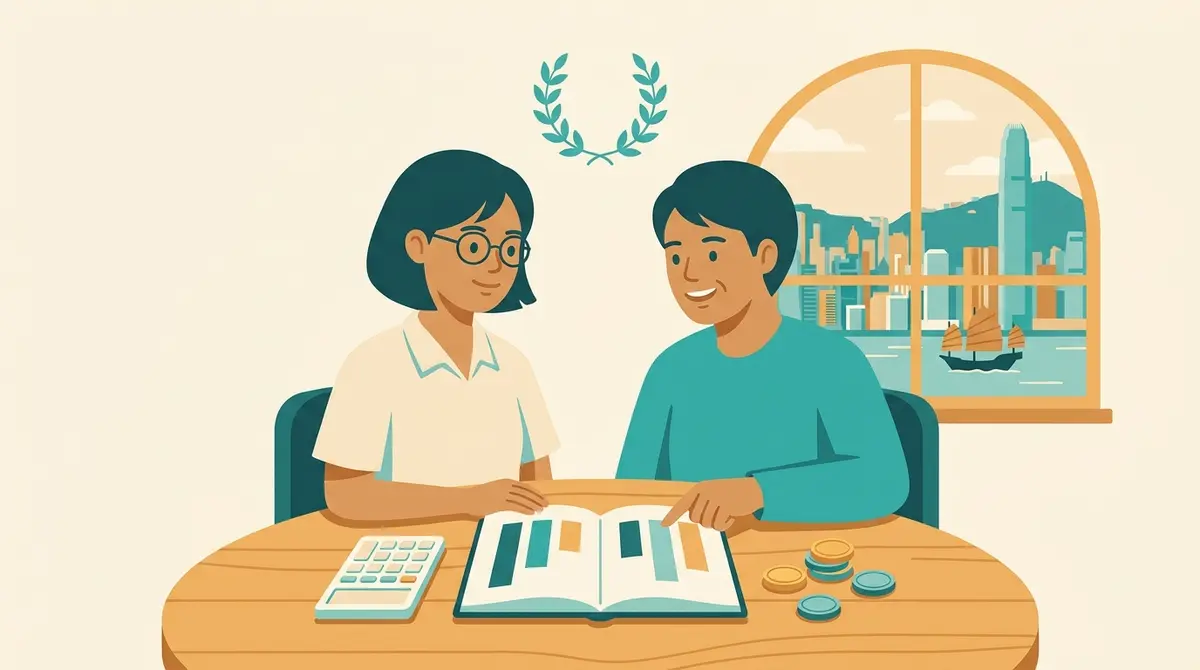 Illustration: a parent and a student at a table with a calculator, coins and a budget notebook showing abstract bars, a small laurel motif floating above.