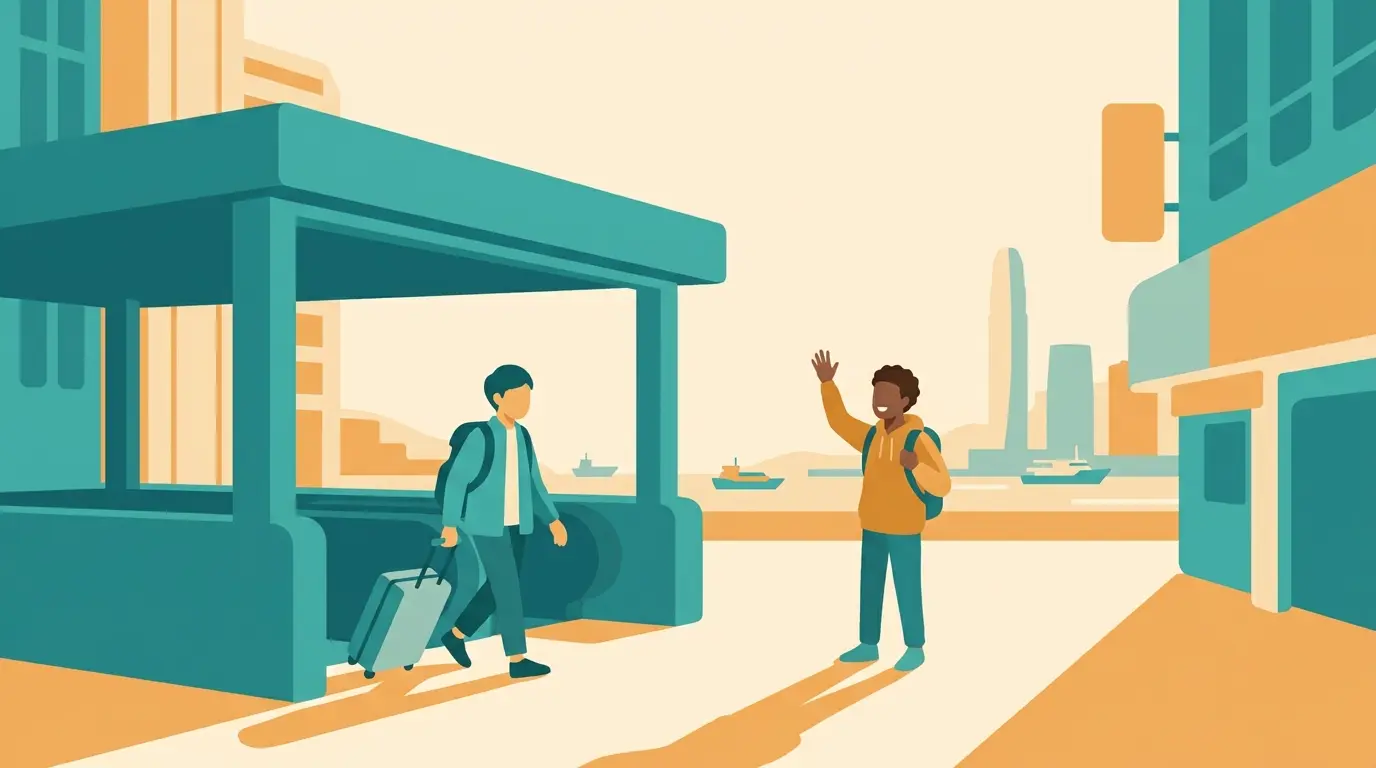 Flat-style illustration of two international students arriving at a Hong Kong waterfront station with luggage, welcomed by a friend, with Kowloon streets and the harbour skyline beyond