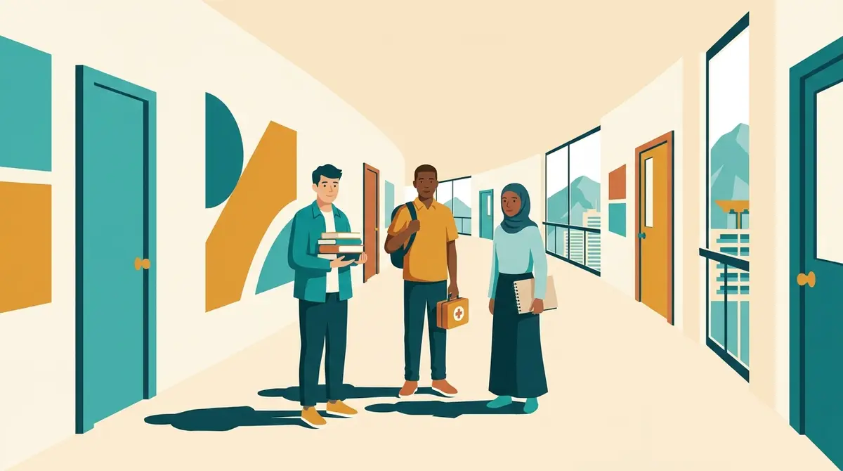 Illustration: three students in a bright campus corridor, one holding books, one with a first-aid kit and one with a sketchbook, doors in different accent colours suggesting different schools.