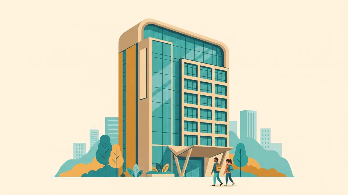 Illustration: two international students walk toward the entrance of the stylised Tung Wah College tower &mdash; teal glass curtain wall, amber vertical strip, rounded roof cap and folded entrance canopy &mdash; in the TWC teal-and-amber palette on cream.