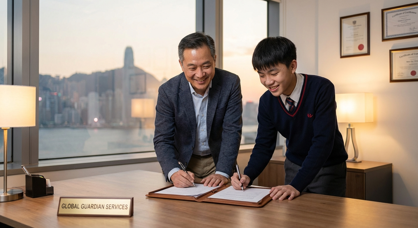 Guardian and student signing documents